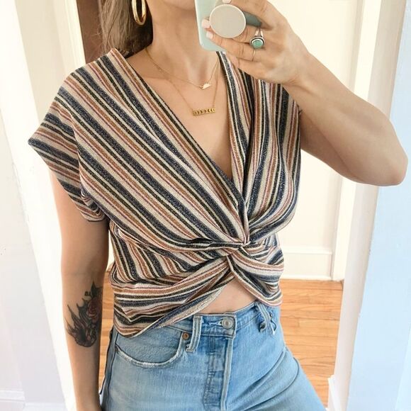 Zara Knotted Sparkly Striped Cropped Top Size Small - Picture 2 of 8